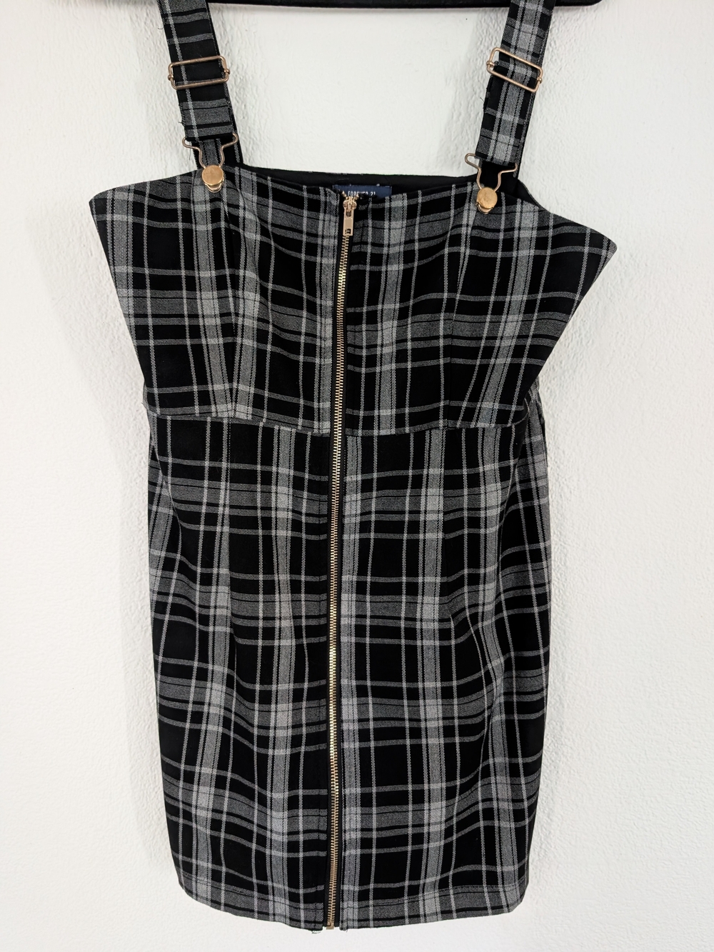 Forever 21 Plaid Zip-Front Pinafore Mini Dress Black & Gray L